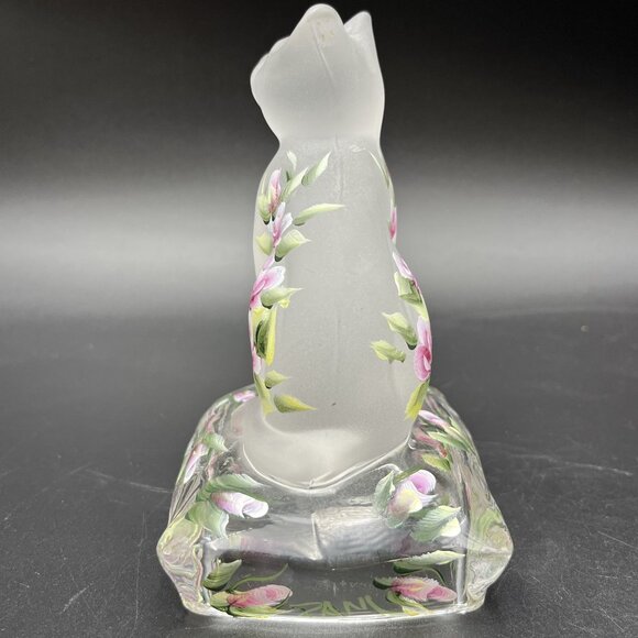 Handpainted Clear Satin Glass Cat Figurine Sitting On Pillow Paperweight Floral - Picture 5 of 11